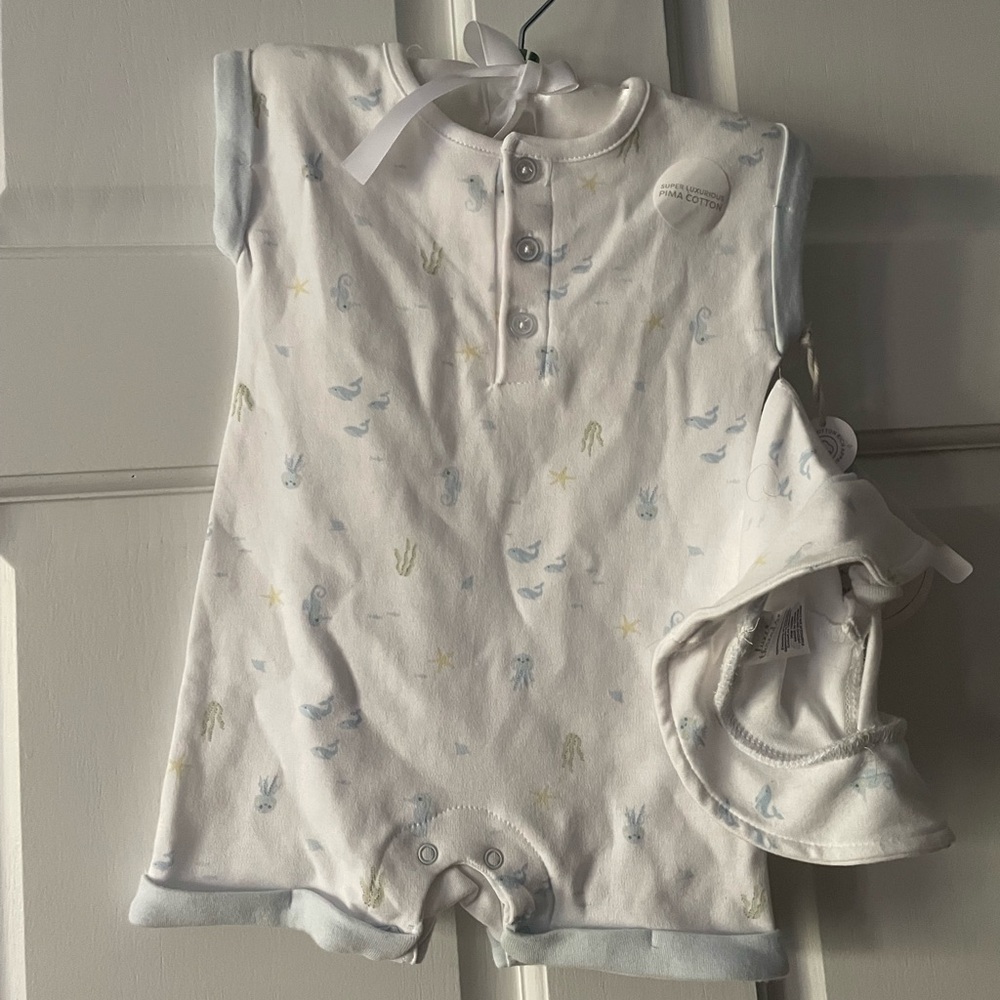 White and Blue seashell baby Matching romper and hat Set